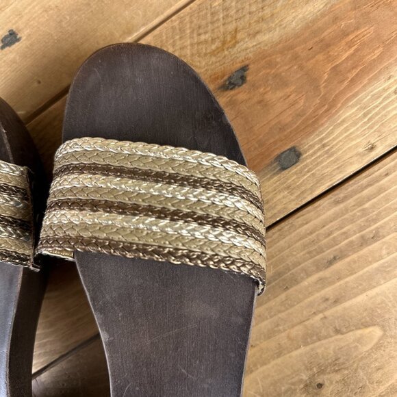 Colin Stuart Wood Bottoms Clogs Sandals‎ Leather 7.5 Gold Brown Platform - Picture 5 of 9